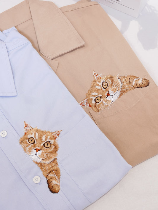 橘貓刺繡情侶襯衫(非客製)