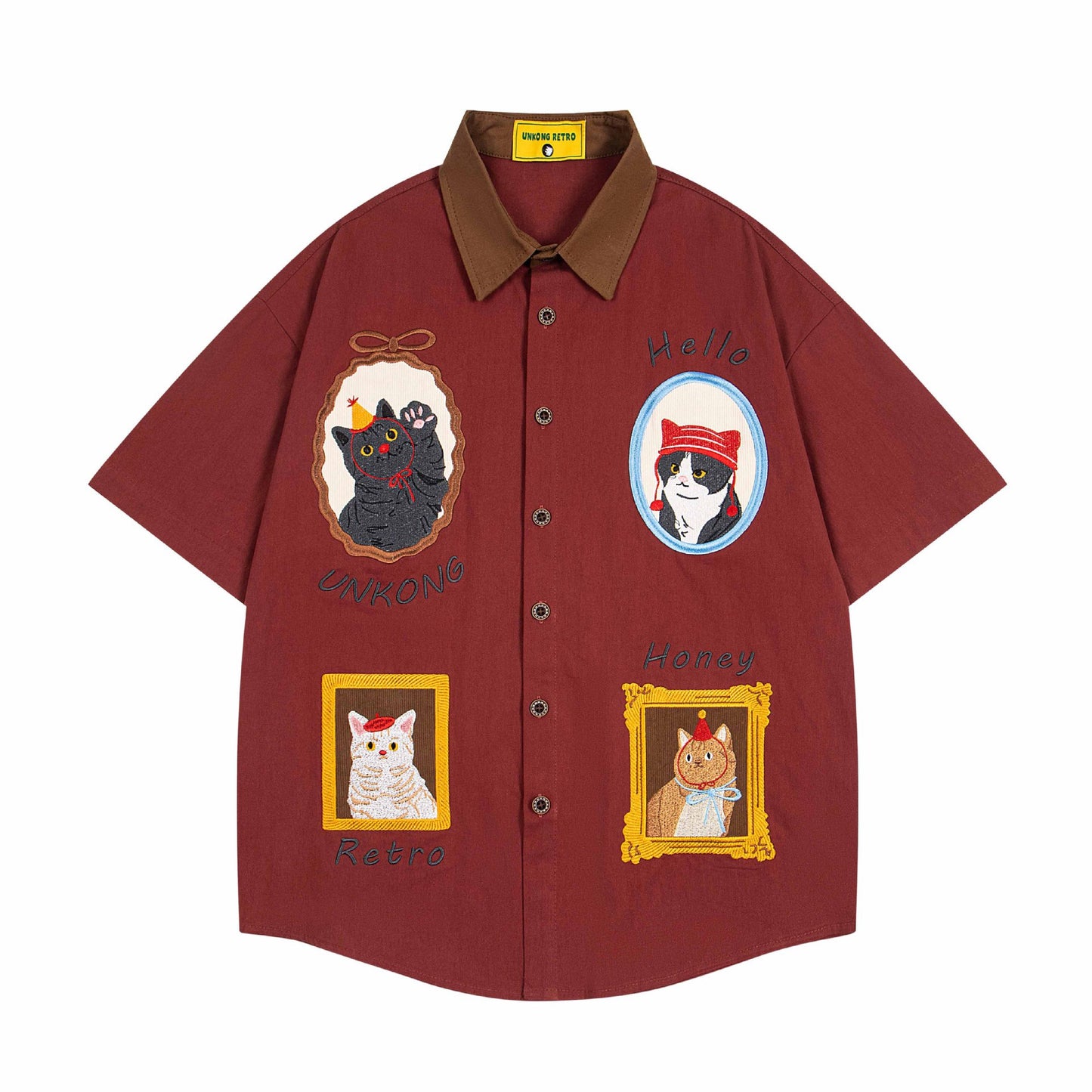 美式復古撞色可愛小貓刺繡短袖襯衫