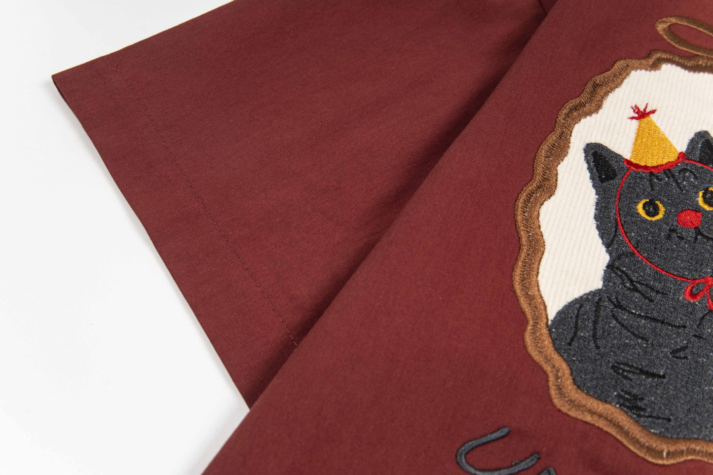 美式復古撞色可愛小貓刺繡短袖襯衫