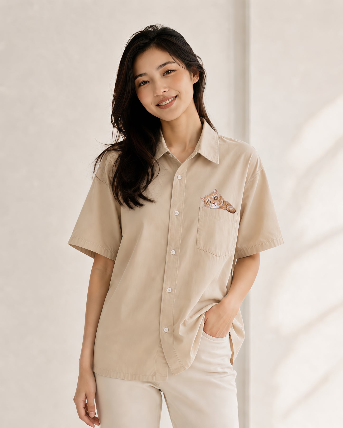 橘貓刺繡情侶襯衫（非客製）
