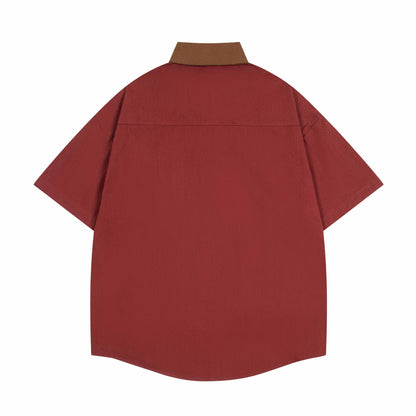 美式復古撞色可愛小貓刺繡短袖襯衫