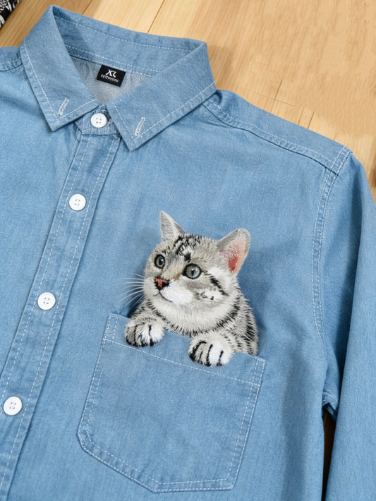 客製化寵物刺繡牛仔襯衫 (長袖)