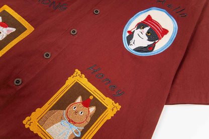 美式復古撞色可愛小貓刺繡短袖襯衫